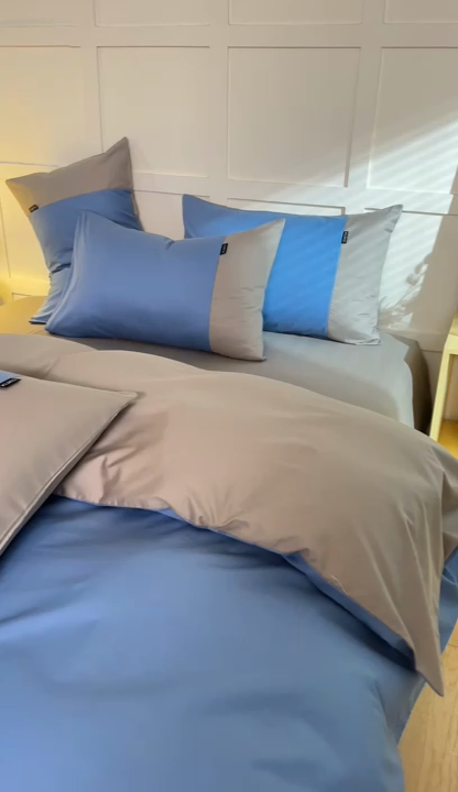 91家纺网 家纺一手货源 找家纺 慕希2025新款13372全棉拼色正拼四件套系列-简尚 简尚-蓝灰
