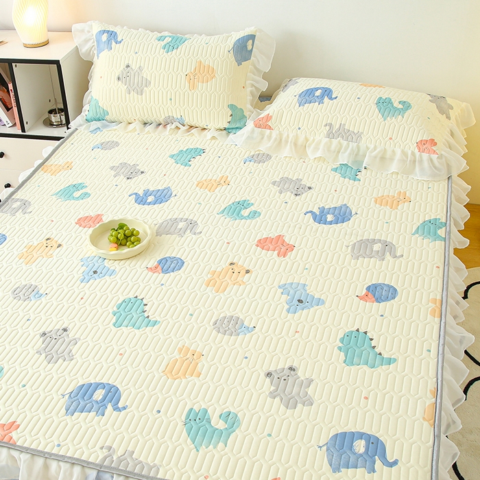 91家纺网 家纺一手货源 找家纺 伊人坊 2025新款A类凉感丝乳胶床笠凉席三件套-花边款 花边-动物园