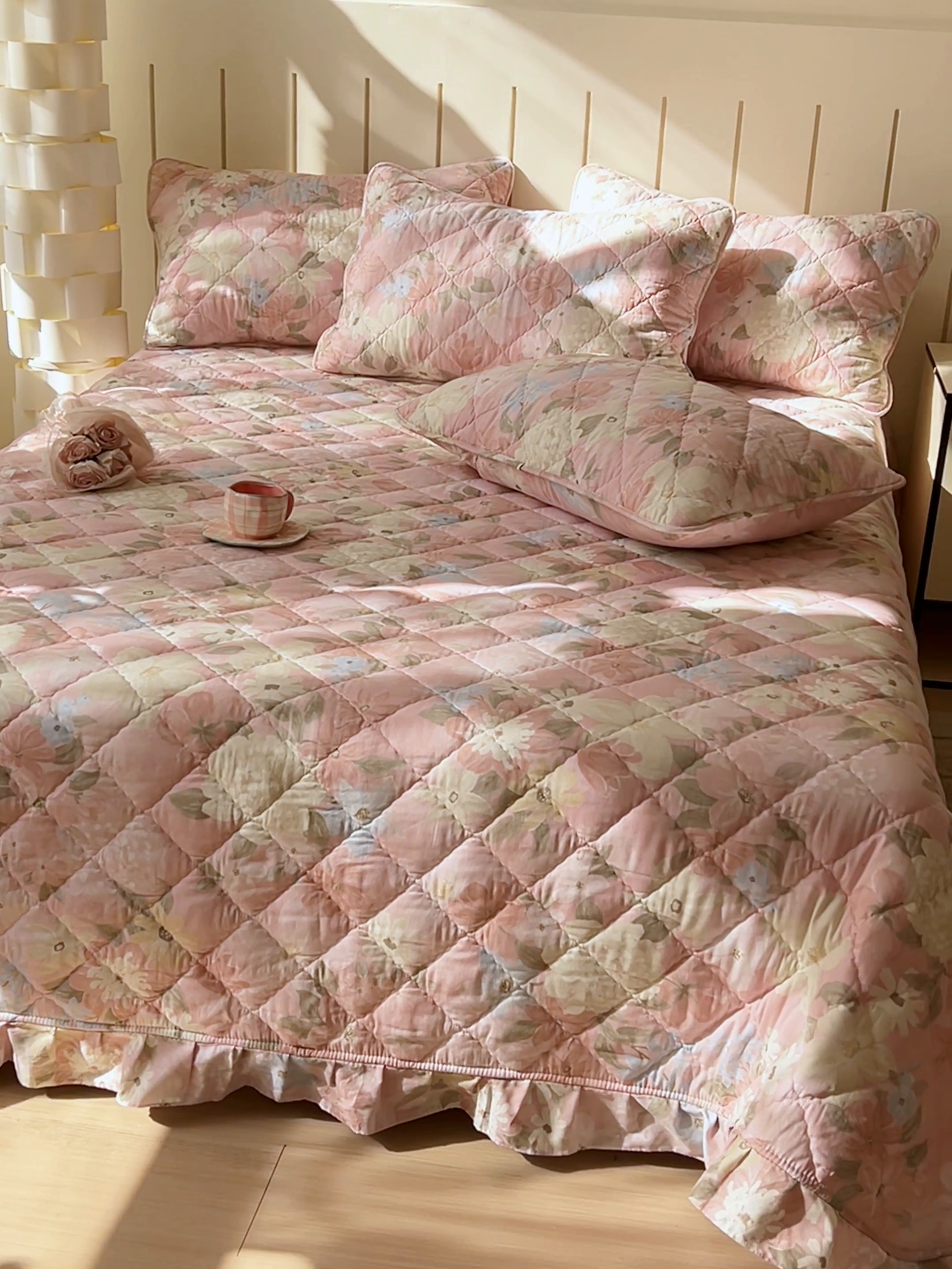 91家纺网 家纺一手货源 找家纺 U品汇 2025新品A类全棉夹棉床盖纯棉100%棉绗缝三件套炕垫褥子13372 G晚色芳莲粉