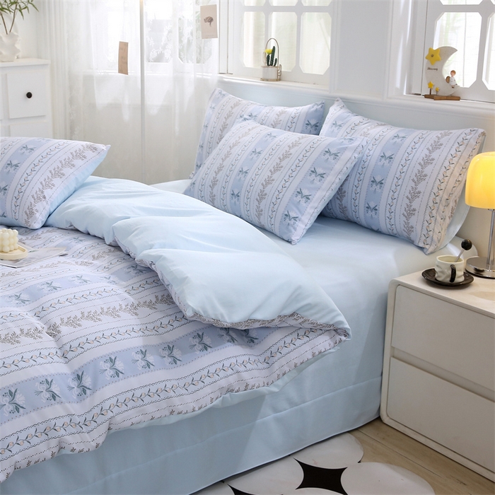 91家纺网 家纺一手货源 找家纺 织写 2025新款A类双层纱针织棉四件套床单四件套床单四件套小清新四件套 初享时光-蓝