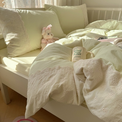 91家纺网 家纺一手货源 找家纺 盼季家纺 2025新款A类法式小清新皱皱纱花边蕾丝水洗棉床上四件套宿舍床笠三件套 蕾丝花边-绿小格