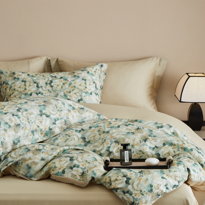 91家纺网 家纺一手货源 找家纺 顾家家居 2025新款莱塞尔兰精天丝印花四件套 青梧