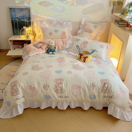 91家纺网 家纺一手货源 找家纺 桃子家居 （总）2025纯棉韩版花边奶油可爱卡通少女萝莉洛丽塔系列全棉卡通四件套