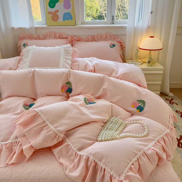 91家纺网 家纺一手货源 找家纺 淑女公社家纺 2025春夏新款全棉人字纹毛巾绣床盖款四件套-郁金香 郁金香 淡粉