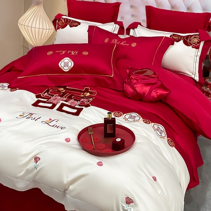 91家纺网 家纺一手货源 找家纺 （总）千禧家纺 2025新款双面长绒棉轻奢工艺款刺绣婚庆套件（贵妃枕非图上所展示款）