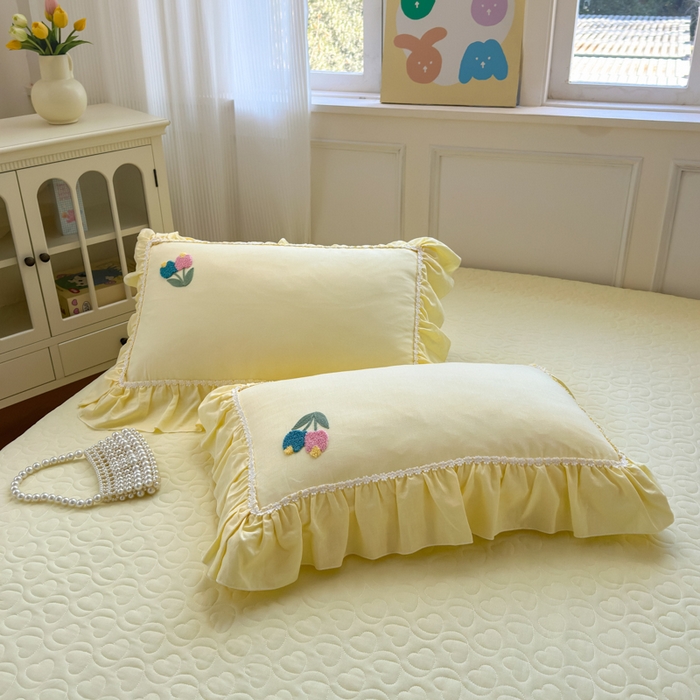 91家纺网 家纺一手货源 找家纺 淑女公社家纺 2025春夏新款全棉人字纹毛巾绣床盖款四件套-郁金香 郁金香 嫩黄