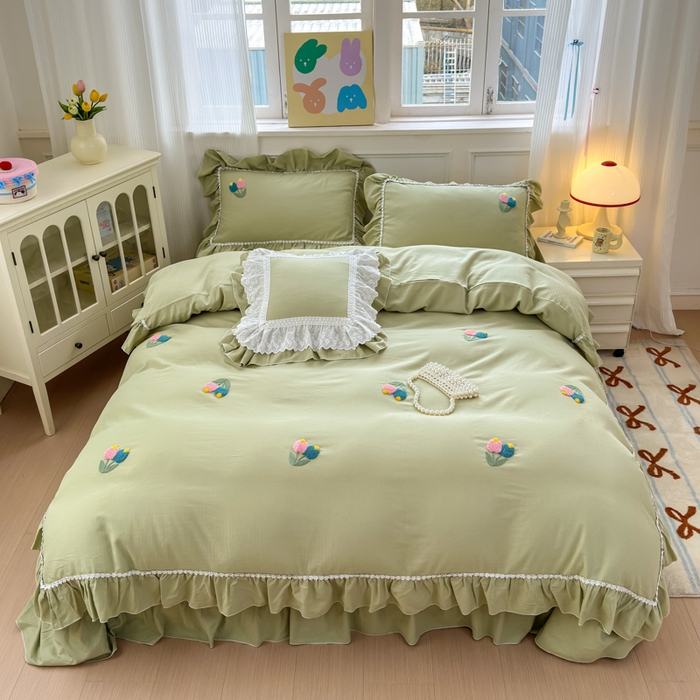 91家纺网 家纺一手货源 找家纺 淑女公社家纺 2025春夏新款全棉人字纹毛巾绣床盖款四件套-郁金香 郁金香 牛油果绿