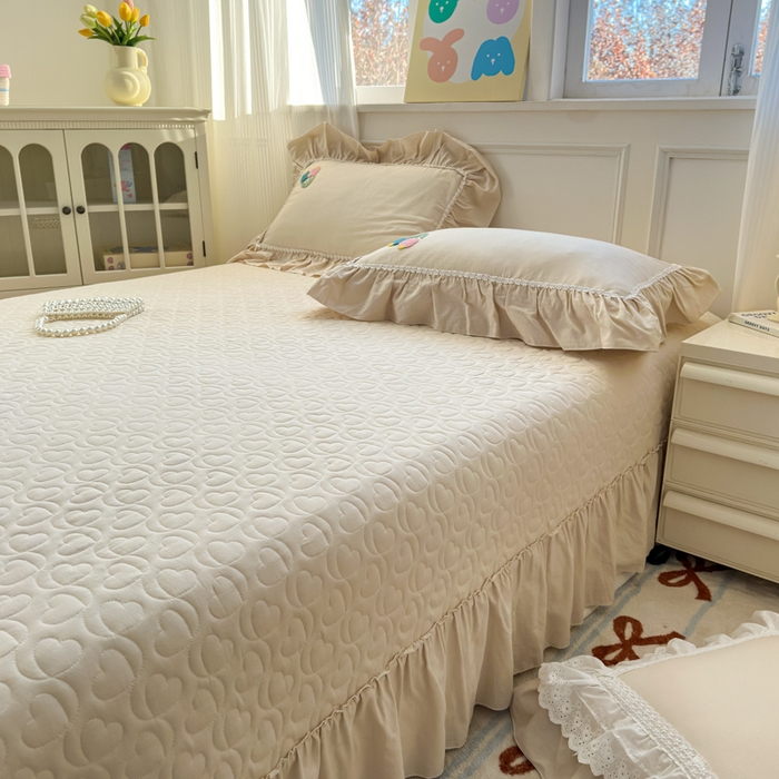 91家纺网 家纺一手货源 找家纺 淑女公社家纺 2025春夏新款全棉人字纹毛巾绣床盖款四件套-郁金香 郁金香 米白