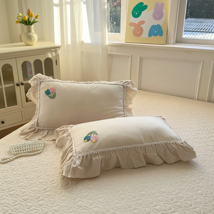 91家纺网 家纺一手货源 找家纺 淑女公社家纺 2025春夏新款全棉人字纹毛巾绣床盖款四件套-郁金香 郁金香 米白