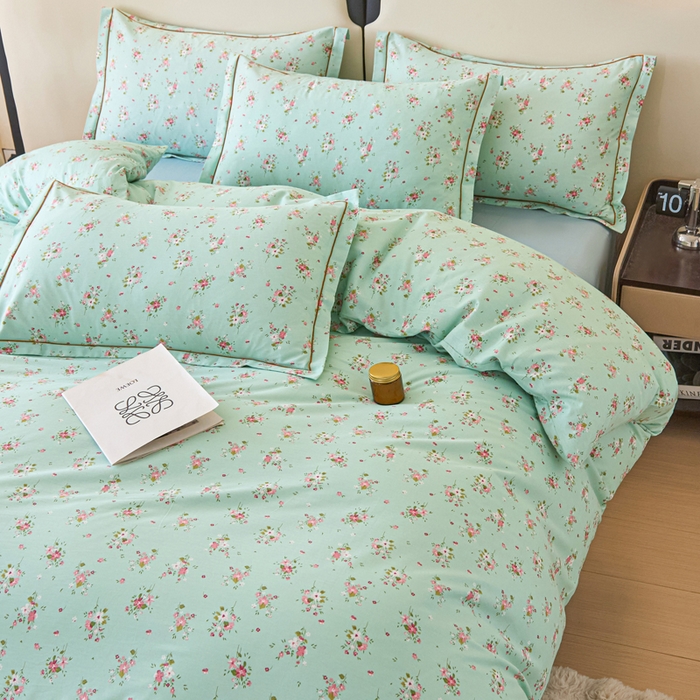 91家纺网 家纺一手货源 找家纺 首爱家纺 2025新款全棉四件套小清新人字纹四件套纯棉四件套 清新薄荷