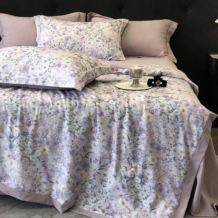 91家纺网 家纺一手货源 找家纺 立奥被业 2025新款雪纺纱夏被超柔数码印花夏被雪纺夏凉被 春芽萌动-灰紫