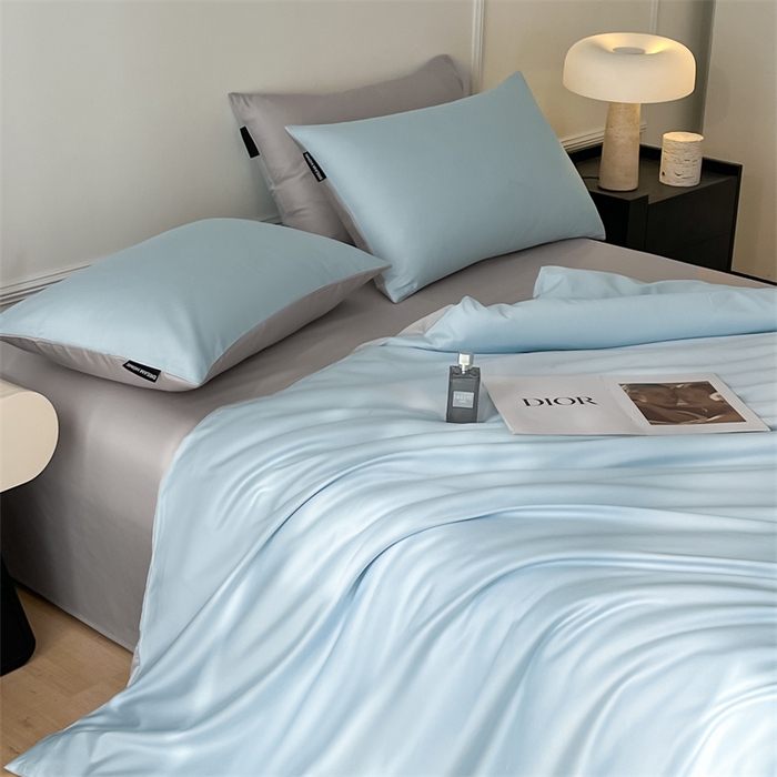 91家纺网 家纺一手货源 找家纺 笙意家纺 2025新款水洗真丝简约时尚四件套-简爱系列 简爱-天空蓝+山灰