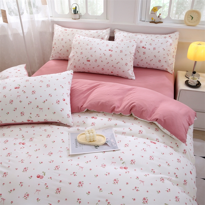 91家纺网 家纺一手货源 找家纺 织写 2025新款A类双层纱针织棉四件套床单四件套床单四件套小清新四件套 红色樱桃