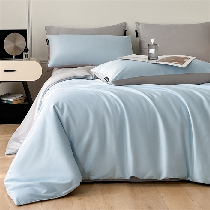 91家纺网 家纺一手货源 找家纺 笙意家纺 2025新款水洗真丝简约时尚四件套-简爱系列 简爱-天空蓝+山灰