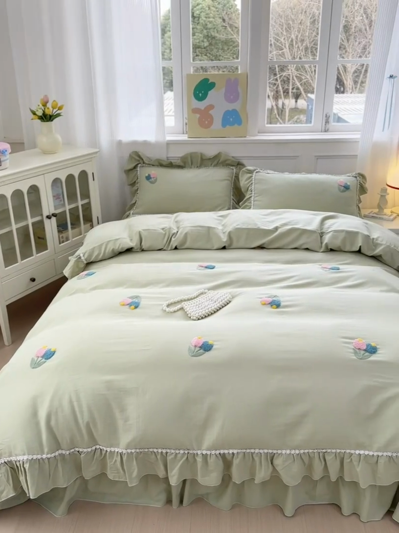 91家纺网 家纺一手货源 找家纺 淑女公社家纺 2025春夏新款全棉人字纹毛巾绣床盖款四件套-郁金香 郁金香 牛油果绿