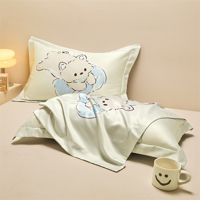 91家纺网 家纺一手货源 找家纺 笙意家纺 2025新款水洗真丝数码印花卡通枕套 萌猫