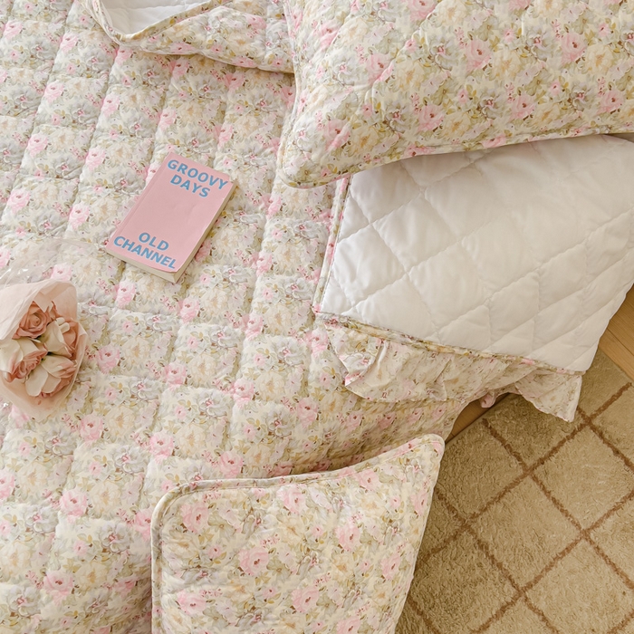 91家纺网 家纺一手货源 找家纺 U品汇 2025新品A类全棉夹棉床盖纯棉100%棉绗缝三件套炕垫褥子13372 G杏园暖秋-粉