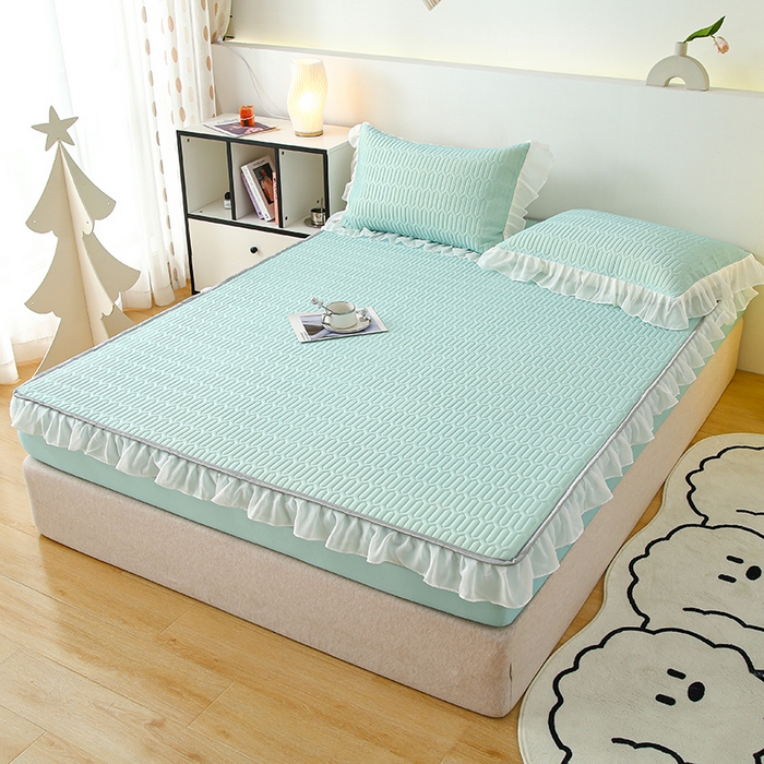 91家纺网 家纺一手货源 找家纺 伊人坊 2025新款A类凉感丝乳胶床笠凉席三件套-花边款 花边-薄荷绿