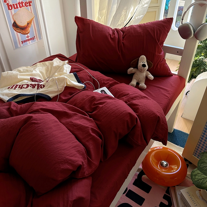 91家纺网 家纺一手货源 找家纺 阿曼达 2025新款纯色水洗m学生床单人四件套 纯色-安可拉红