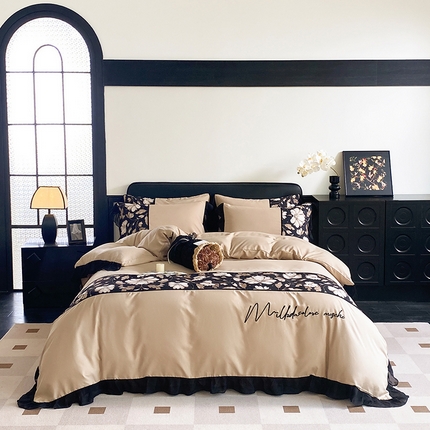 91家纺网 家纺一手货源 找家纺 （总）奥汀洛家纺 2025新款亲肤棉工艺款刺绣花边四件套-伊莲娜