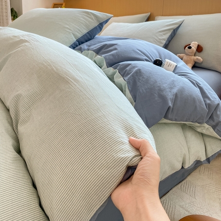 91家纺网 家纺一手货源 找家纺 恋人优选 2025新款条纹全棉水洗四件套 流年豆绿