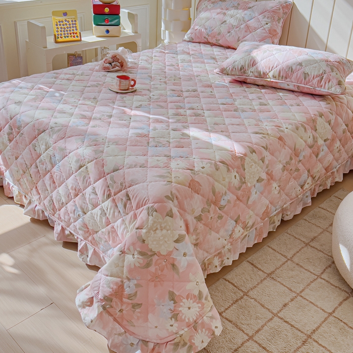 91家纺网 家纺一手货源 找家纺 U品汇 2025新品A类全棉夹棉床盖纯棉100%棉绗缝三件套炕垫褥子13372 G晚色芳莲粉