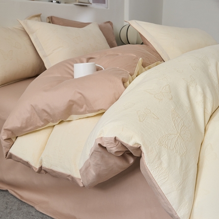 七七家纺 新款提花双层纱全棉四件套 蝶舞米白