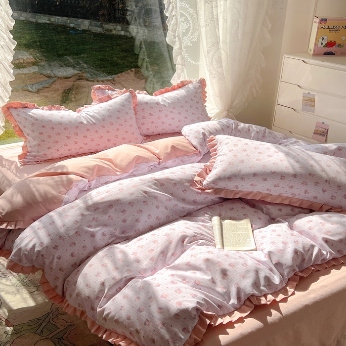 91家纺网 家纺一手货源 找家纺 欧尚 2025新款针织棉双层纱四件套 蔷薇