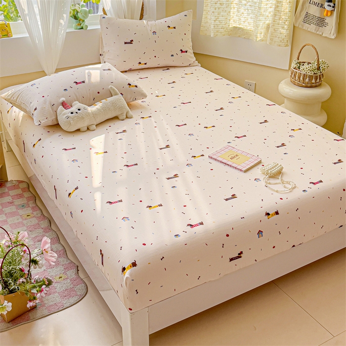 91家纺网 家纺一手货源 找家纺 名兮家居 2025新款全棉双层纱床笠 双层纱-辣条狗