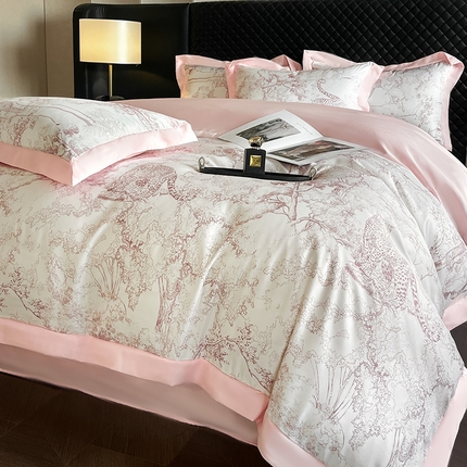 91家纺网 家纺一手货源 找家纺 首尔家纺 2025新款数码冰丝宽边系列四件套 冰丝-巴洛克粉