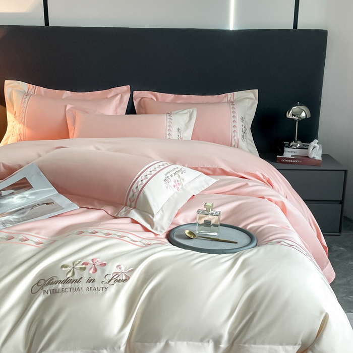 91家纺网 家纺一手货源 找家纺 桃园 2025新款全棉长绒棉刺绣绣花四件套-西西里系列 轻奢粉