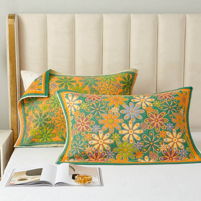 91家纺网 家纺一手货源 找家纺 朴尔家纺-毛巾被 2025新款全棉四层纱布色织提花宽边时尚枕巾 繁花似锦-绿