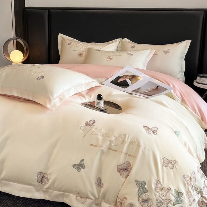 91家纺网 家纺一手货源 找家纺 欧乐蒂 2025新款A类亲肤棉刺绣四件套-蝶舞 蝶舞-白桃