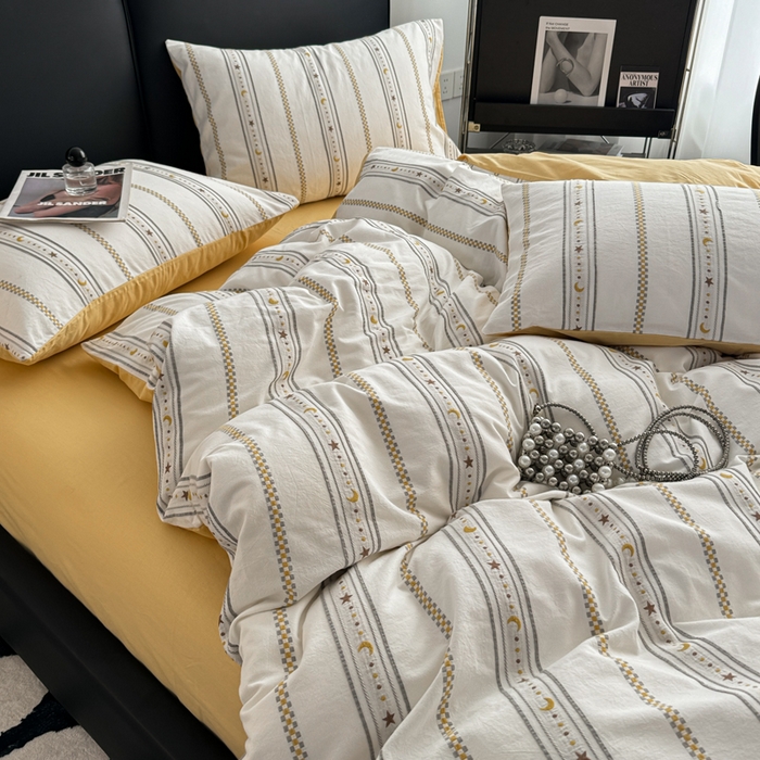 91家纺网 家纺一手货源 找家纺 简宜家居（朝初家纺） 2025新款40支全棉提花四件套（简川-星辰系列） 星辰-暖黄