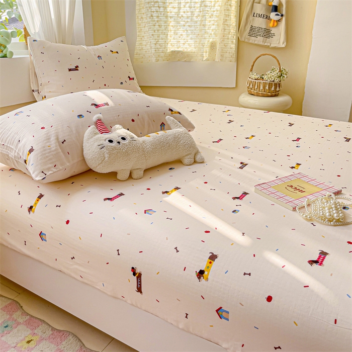 91家纺网 家纺一手货源 找家纺 名兮家居 2025新款全棉双层纱床笠 双层纱-辣条狗