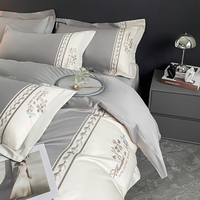 91家纺网 家纺一手货源 找家纺 桃园 2025新款全棉长绒棉刺绣绣花四件套-西西里系列 绅士灰