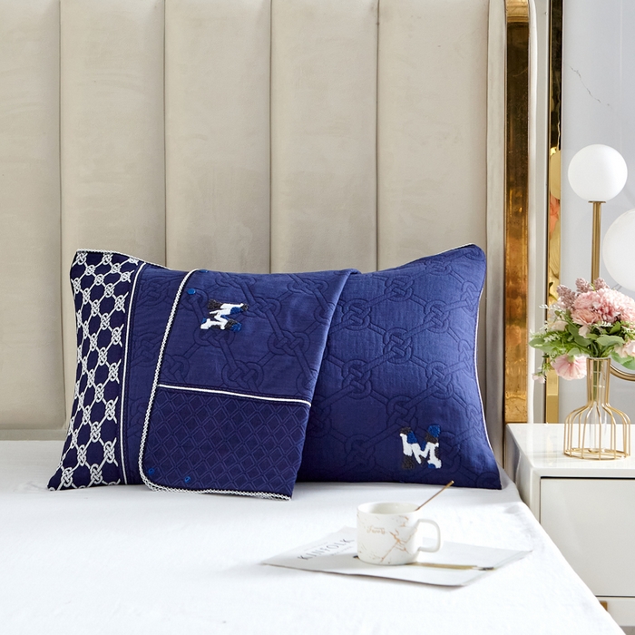 91家纺网 家纺一手货源 找家纺 朴尔家纺-毛巾被 2025新款纱布毛巾绣花素色半包枕套枕巾系列 绣花半包枕套-深蓝