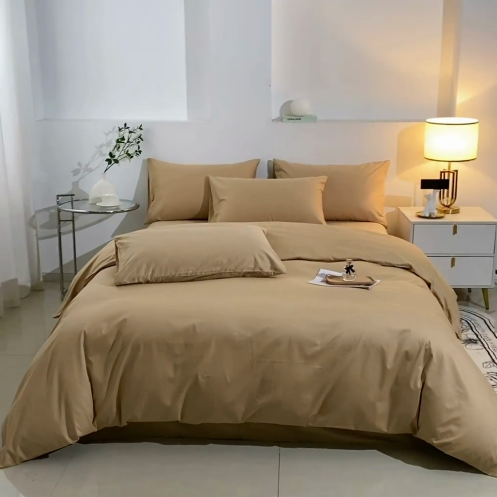 91家纺网 家纺一手货源 找家纺 晶缦家纺 2025新款喷气全棉13376纯棉斜纹纯色多规格四件套-沐兰 沐兰-卡其