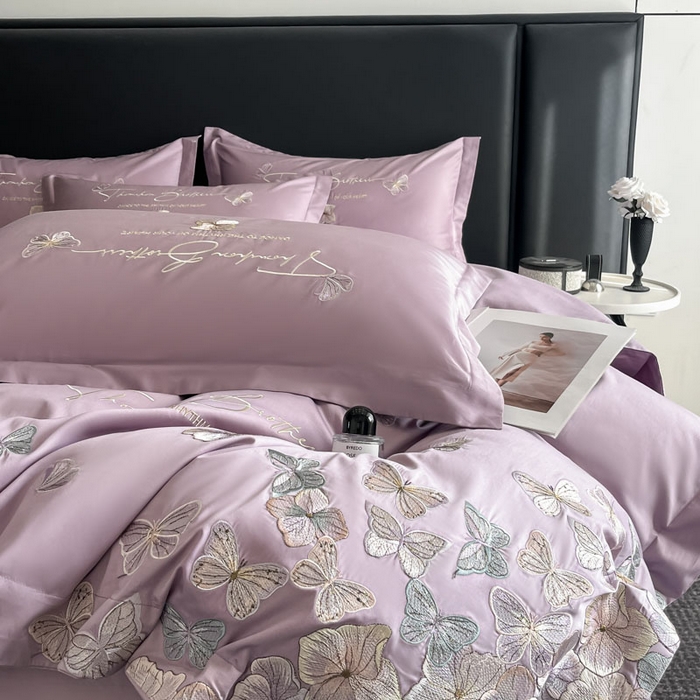 91家纺网 家纺一手货源 找家纺 欧乐蒂 2025新款A类亲肤棉刺绣四件套-蝶舞 蝶舞-黛紫