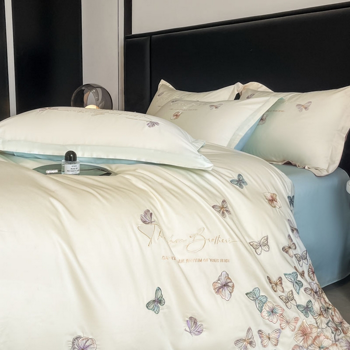 91家纺网 家纺一手货源 找家纺 欧乐蒂 2025新款A类亲肤棉刺绣四件套-蝶舞 蝶舞-白兰