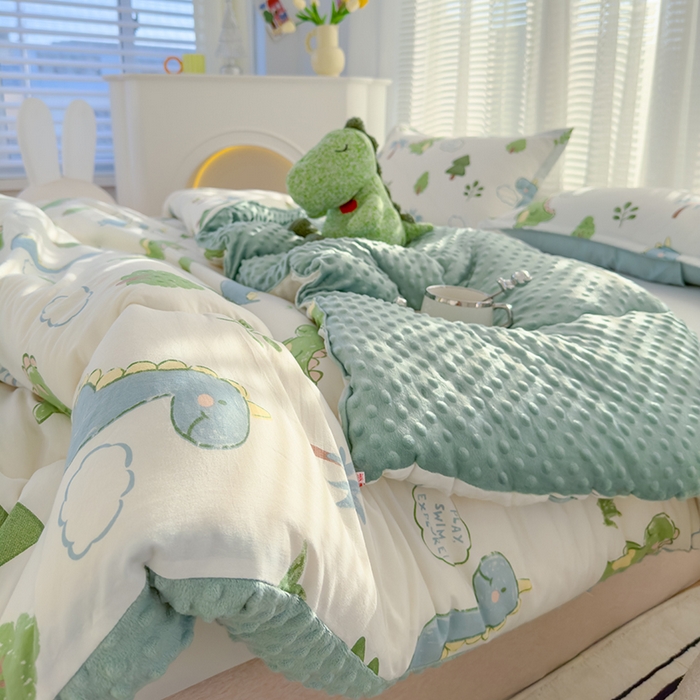 91家纺网 家纺一手货源 找家纺 佰丝居 2025新款A类水洗棉双层纱豆豆被100%新疆棉花被夏被 恐龙星球