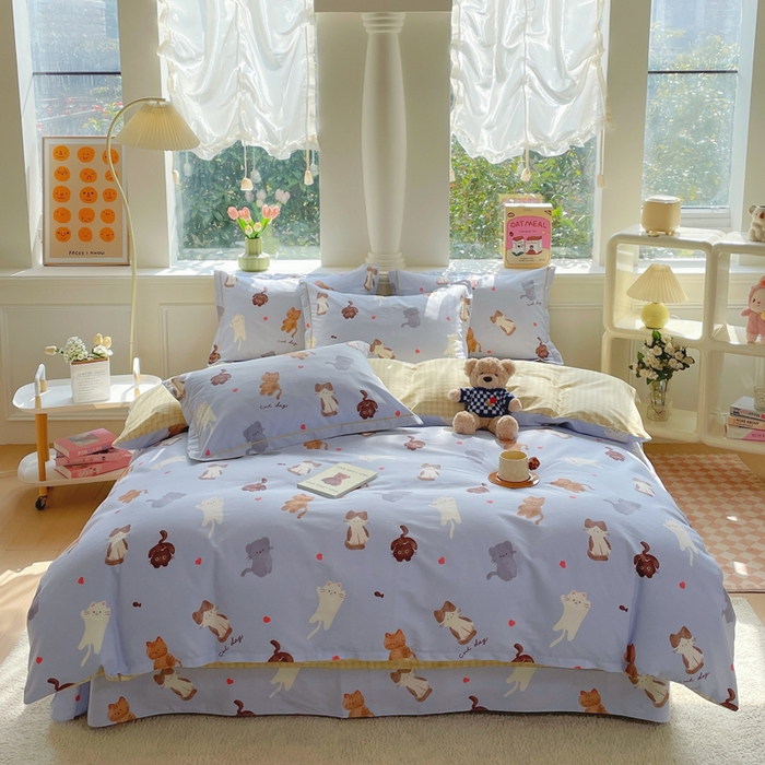 91家纺网 家纺一手货源 找家纺 铭博家纺 2025新款直播爆款100%全棉吊边一字绣工艺款13070印花全棉四件套 喵星庆典