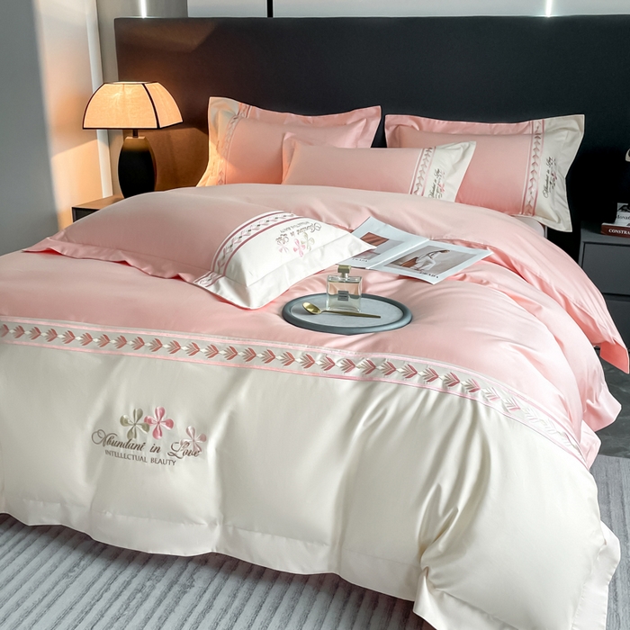 91家纺网 家纺一手货源 找家纺 桃园 2025新款全棉长绒棉刺绣绣花四件套-西西里系列 轻奢粉