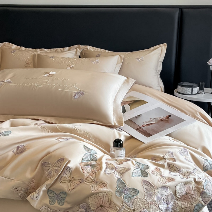 91家纺网 家纺一手货源 找家纺 欧乐蒂 2025新款A类亲肤棉刺绣四件套-蝶舞 蝶舞-金咖