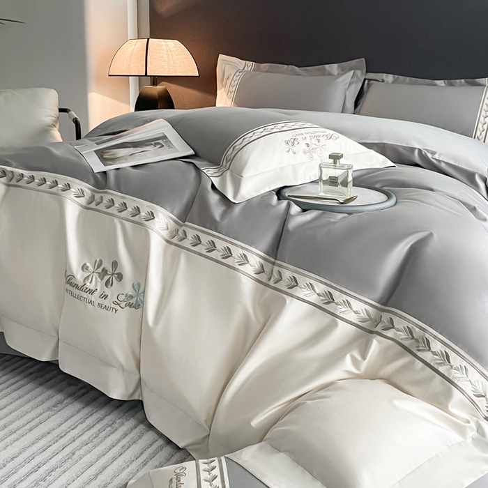 91家纺网 家纺一手货源 找家纺 桃园 2025新款全棉长绒棉刺绣绣花四件套-西西里系列 绅士灰