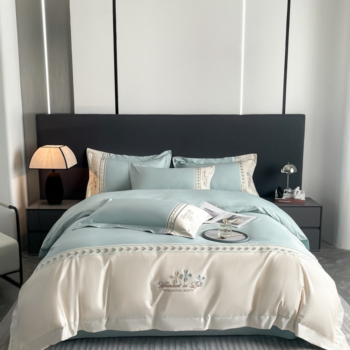 91家纺网 家纺一手货源 找家纺 桃园 2025新款全棉长绒棉刺绣绣花四件套-西西里系列 飘蓝