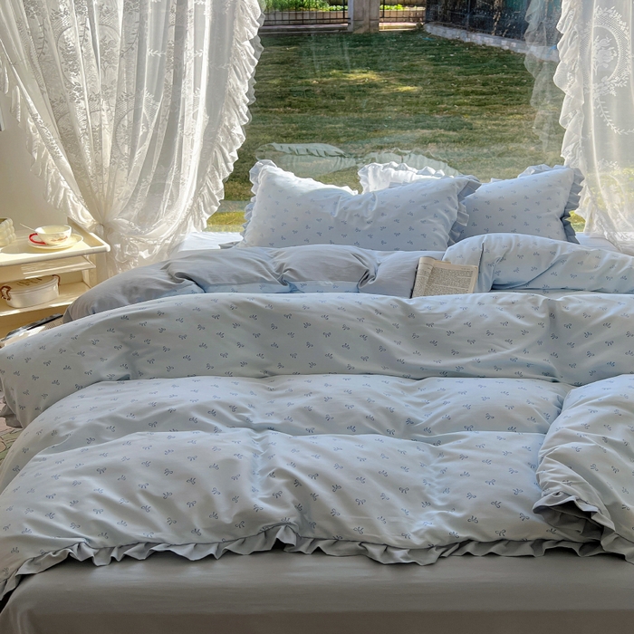 91家纺网 家纺一手货源 找家纺 欧尚 2025新款针织棉双层纱四件套 洁美蓝