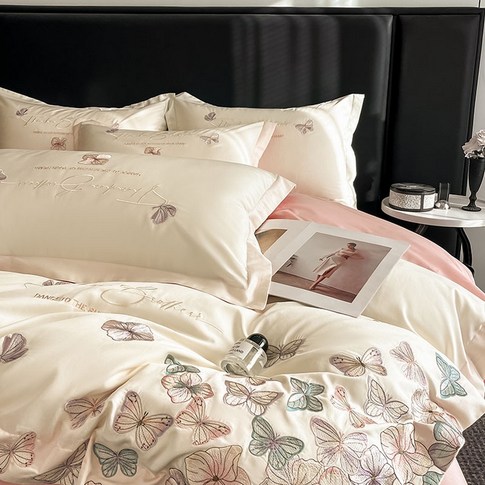 91家纺网 家纺一手货源 找家纺 欧乐蒂 2025新款A类亲肤棉刺绣四件套-蝶舞 蝶舞-白桃