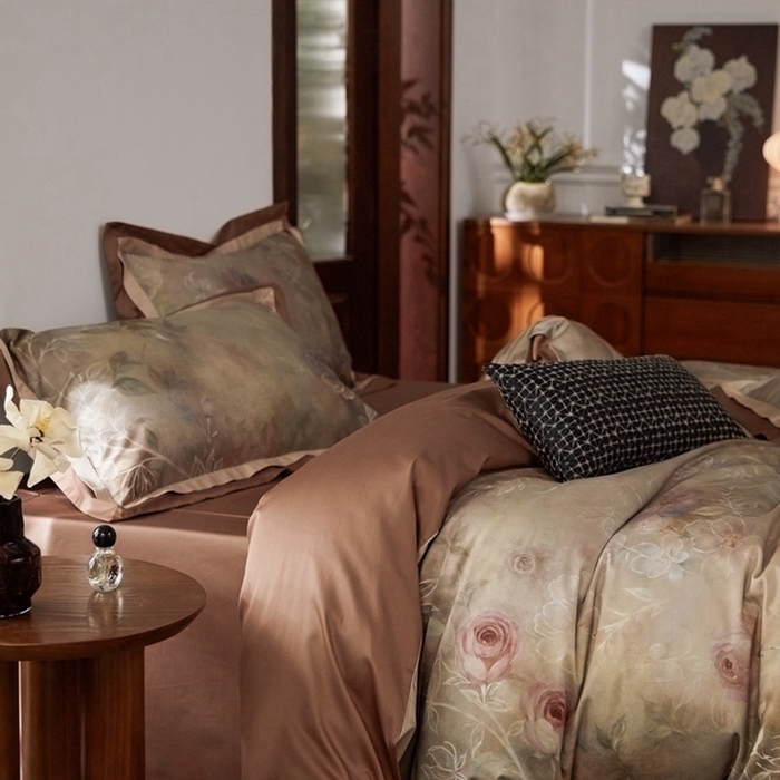 91家纺网 家纺一手货源 找家纺 由丽家纺 2025新款数码印花四件套 素芳-桔