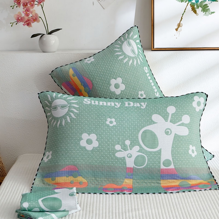 91家纺网 家纺一手货源 找家纺 朴尔家纺-毛巾被 2025新款蜂窝透气提花锁边立体枕巾 阳光鹿-绿